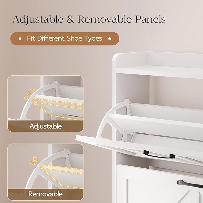 MU Shoe Storage Cabinet for Entryway, Hidden Shoe Cabinet with 2 Flip Drawers, Narrow Shoe Organizer Shoe Rack Cabinet with Metal Legs, White