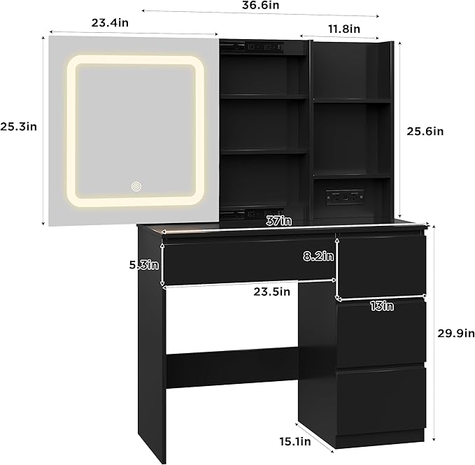 Vabches Make Up Vanity Desk with Charging Station, Vanity Set with Mirror and Lights,Dressing Table with 4 Drawers & Storage Shelves,37inch, Black