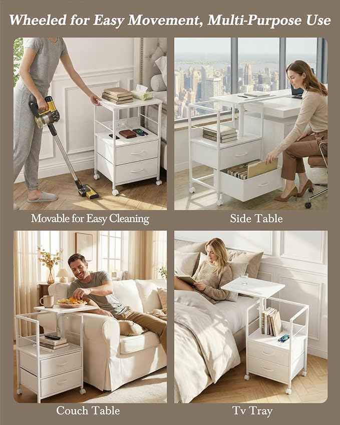 Faesun Swivel Lift Top Nightstand with Charging Station, Rolling Side Table for Recliner, Bedside Table with Wheels & 2 Fabric Drawers, for Small Spaces, for Bedroom, Living Room, White