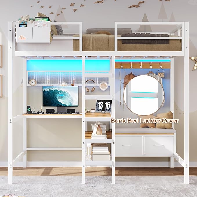 DICTAC Twin Loft Bed with L-Shaped Desk, Storage Shelves and Charging Station Twin Size Metal Loft Bed with LED Lights and Coat Rack with 2 Storage Drawers,Top Bunk with Safety Guard & Stair, White