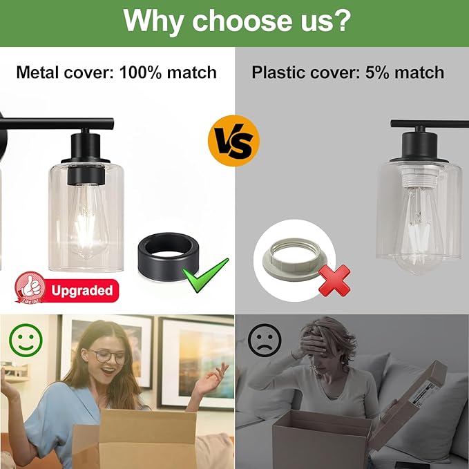 Zarbitta 2-Light Bathroom Light Fixtures, Black Modern Vanity Lights with Clear Glass Shade, Bathroom Wall Lamp for Mirror Kitchen Living Room Hallway Cabinet Porch