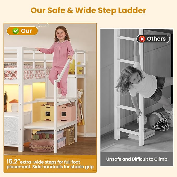 ADORNEVE Low Loft Bed Twin Size with Stairs,7 Drawers, Bookcase and LED Lights, Metal Kids Loft Bed with 14" H Safety Guardrail,Inclined Ladder and Play Curtain, Under-Bed Play Space, White