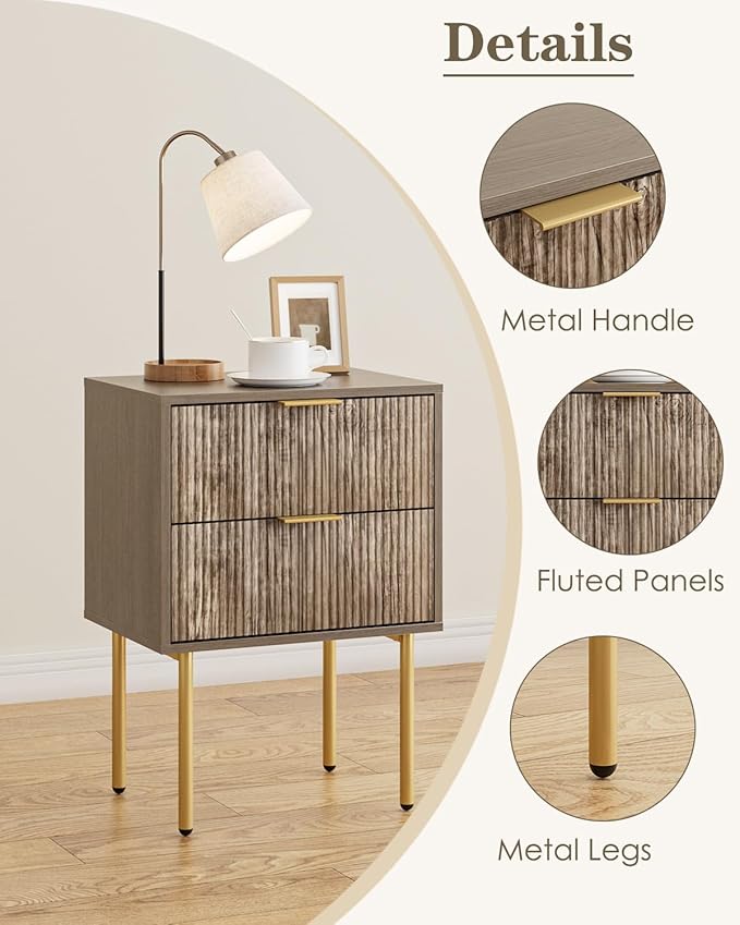 Aienvey Night Stand, Modern Nightstand with Drawers, Bedside Table, Gold Small Side Table for Bedroom, Living Room End Table (Grey Stripe, 2 Drawers)