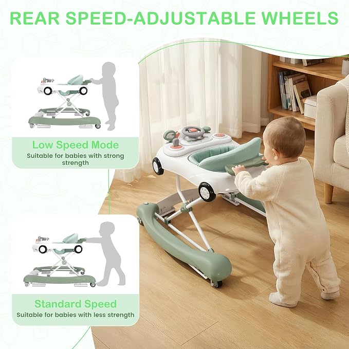 Baby Walker, 5-in-1 Baby Walker for Boys and Girls with Bouncer, Removable Footrest, Music, Foldable & Adjustable Speed Wheels Activity Walker for 6-18 Months Toddler Infant(Mint)