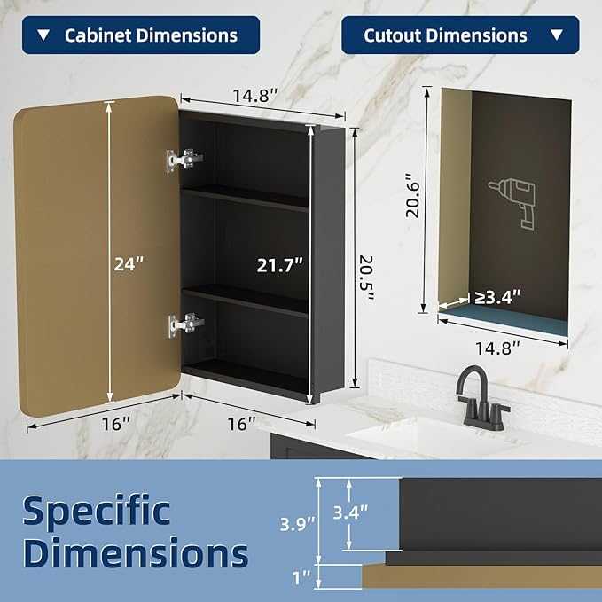 Bathroom Medicine Cabinet with Mirror 16 x 24 Inch, Brush Gold Medicine Cabinet Recessed or Surface Wall-Mounted, Mirrored Cabinets with 2 Adjustable Shelves for Bathroom Vanity