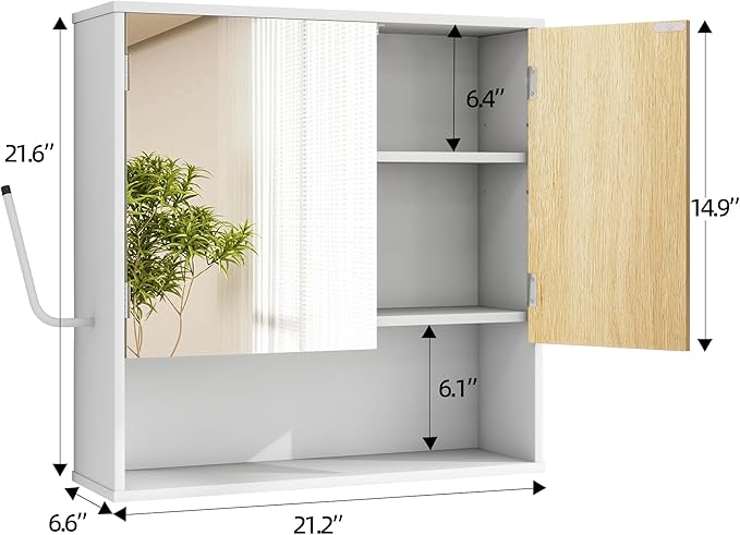 Bathroom Wall Cabinet With Mirror,wall mounted bathroom cabinet,Medicine Cabinet with 2 Door ,Side Hook,Light and Adjustable Shelves,White Cabinet with Wood Grain,Over The Toilet Space Saver Cabinet.