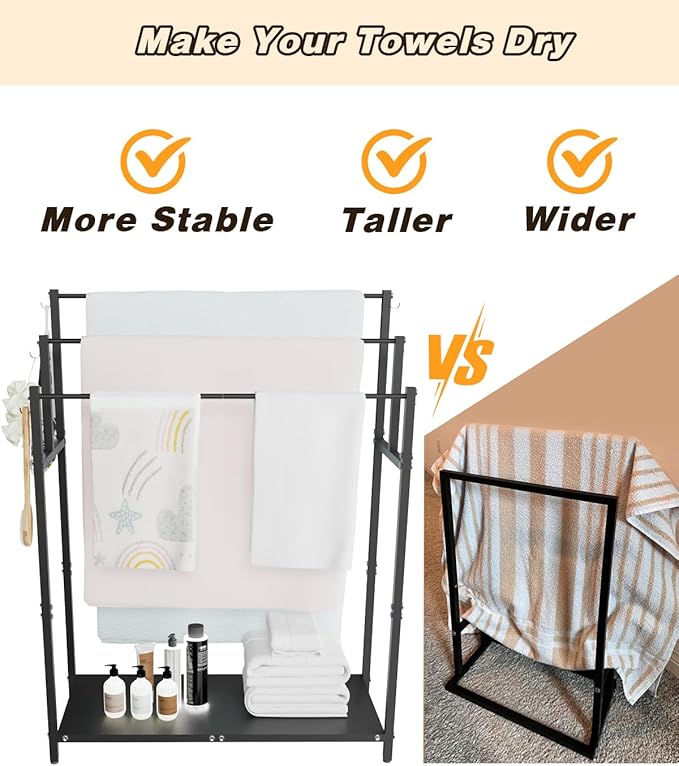Mondazie 44” Tall Free Standing Towel Racks with 6 Hooks for Bathroom, 3 Tiers Oversized Pool Bath Towels Drying Stand, Metal Blanket Ladder Holder with Storage Shelf for Bedroom Living Room, Black