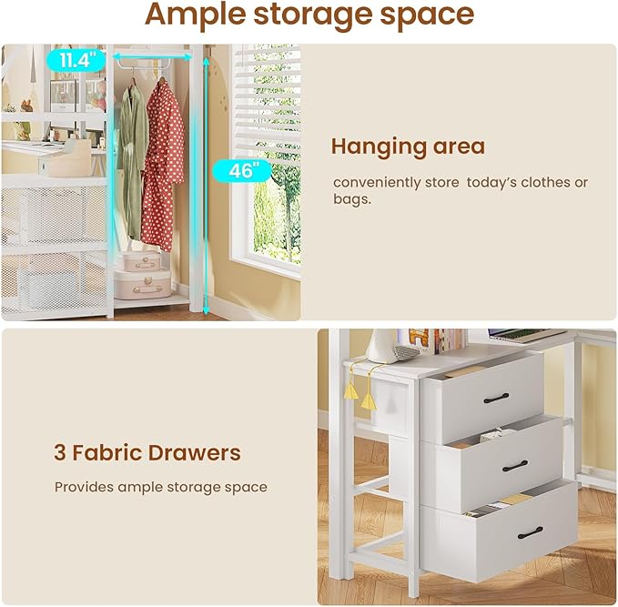 Itaar Stairway Twin Size Loft Bed with L Shaped Desk and Wardrobe, Metal Loft Bed Frame with Stairs, 3 Fabric Drawers, LED Lights & Charging Sation, No Noise & No Box Spring Needed, White