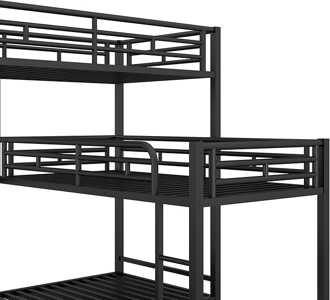 MERITLINE Metal Triple Bunk Bed for Kids, L-Shaped Twin Over Twin & Twin Bunk Bed Frame, 3 in 1 Bed Bunk Beds with Guardrails and Ladders for Teens Adults, Black