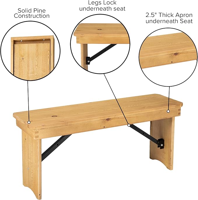 Flash Furniture HERCULES 40" x 12" Folding Farm Bench, Solid Pine Entryway Bench in Light Natural