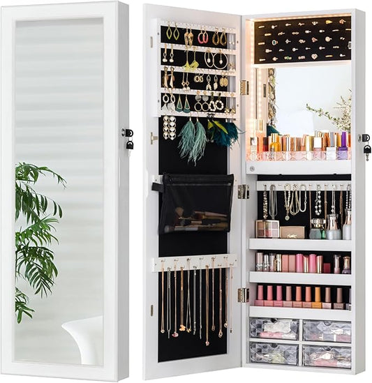 LUXFURNI Full Length Mirror with Storage, 79 LED Lights Mirror Jewelry Cabinet, Wall Mounted or Door-Hanging Jewelry Armoire Organizer with Mirror, Built-in Makeup Mirror, White