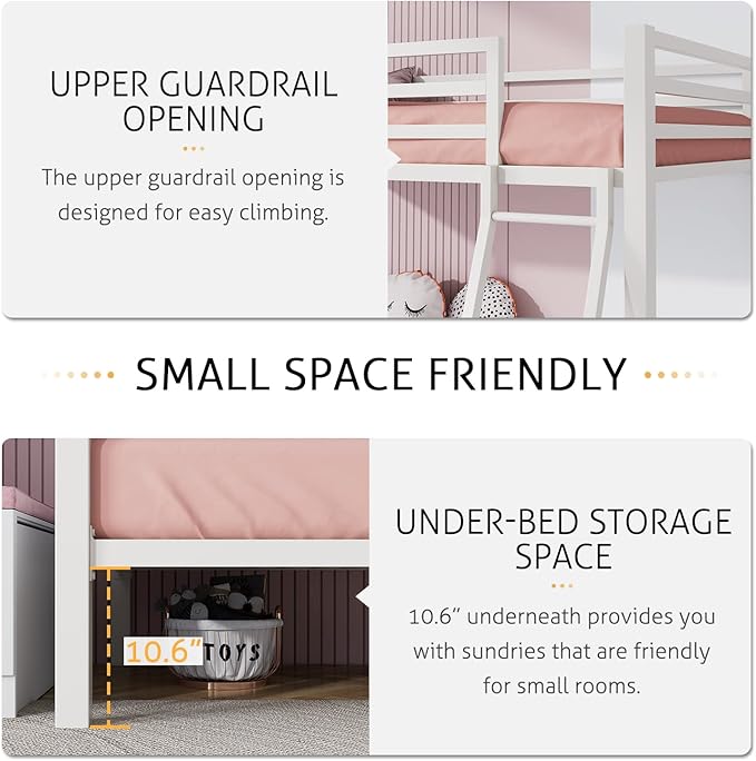 SHA CERLIN Loft Bunk Bed Twin Over Twin Size with Ladder and Guardrail,Heavy Duty Metal Slats Support No Box Spring Needed Small Space Saving Furniture for Bedroom Dorm,White