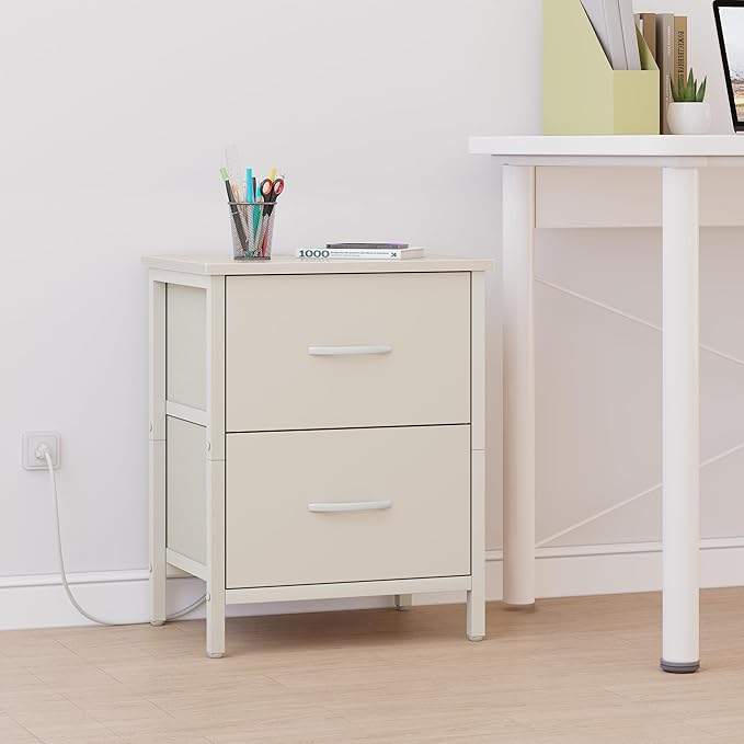 Vagusicc Nightstand with Charging Station, Bedside Table with USB Ports and Outlet, End Table Side Table with 2 Fabric Drawers for Bedroom, Living Room, Beige