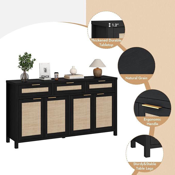 HOKYHOKY 2 Piece Rattan Sideboard Buffet Cabinet, Boho Storage Cabinet with Adjustable Shelves, Farmhouse Credenza Coffee Bar Cabinets with Doors & Drawers for Living Room, Hallway&Kitchen