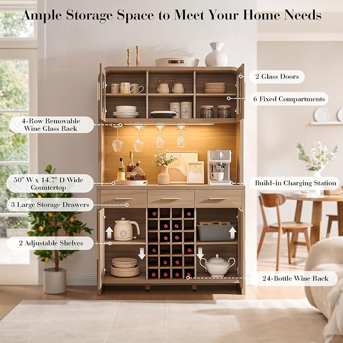 77" Tall Kitchen Pantry Cabinet with Charging Station, Kitchen Hutch Storage Cabinet with LED Lights, Wine Coffee Bar Cabinet with 24-Bottle Wine Rack for Kitchen Home Dining Room, Oak