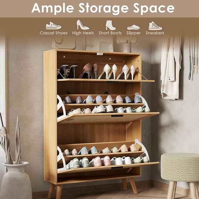 MU Natural Rattan Shoe Cabinet, Entryway Shoe Cabinet with 2 Flip Drawers and Hidden Cabinet, Boho Shoe Organizer Cabinet, Wooden Shoe Storage Cabinet for Entrance, Hallyway, Natural
