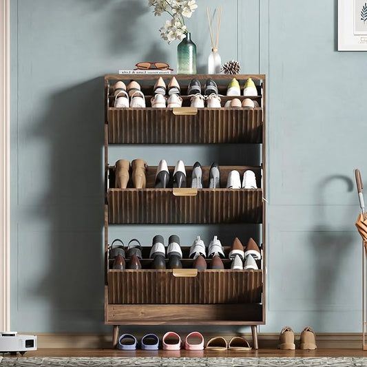 Shoe Cabinet Storage,Modern Freestanding Organizer with 3 Flip Drawers,Narrow Shoe Rack Cabinet for Entryway,Walnut