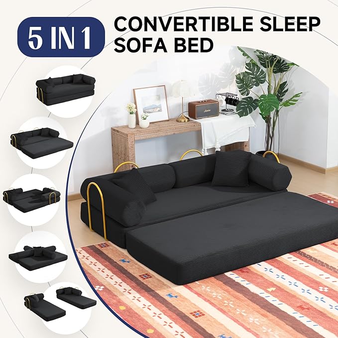 79" Boneless Couches for Living Room, Corduroy Sofa Bed with 2 Pillows,Side Pockets,Hex Arm, 5-in-1 Loveseat Sleeper Sofa for Small Spaces, High-Density Foam Couch, No Assembly, Black