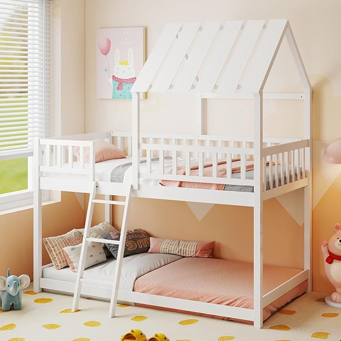 Giantex Twin Over Twin House Bunk Bed, Low Loft Bed Frame with Roof, Wood Bunk Bed with Ladder & Full-Length Guardrails, Twin Floor Bed for Kids Teens Boys Girls, No Box Spring Needed (White)