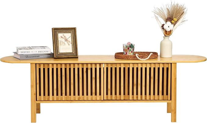 Bamboo TV Stand for TVs up to 65", Accent Entertainment Center with Storage, Media Console Table with Fence Door, Modern TV Stand for Living Room, Bedroom, 55"(L), Burlywood