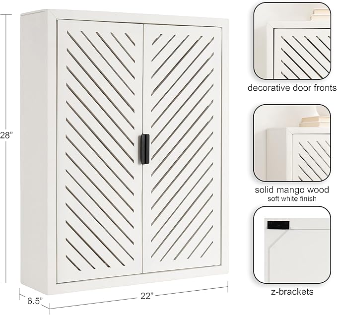 Kate and Laurel Mezzeta Decorative Coastal Two-Door Floating Bathroom Cabinet; 22 x 7 x 28; White; Decorative Over Toilet Storage Cabinet for Use as Bath Storage or Living Room Decor