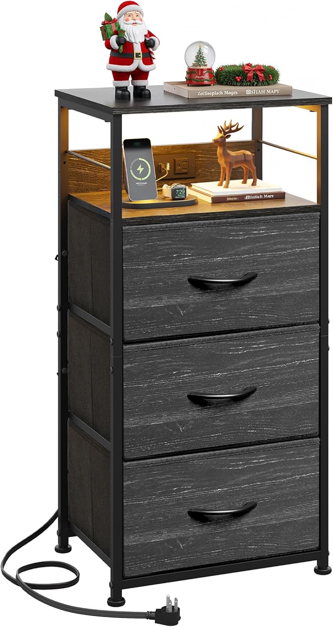 WLIVE Nightstand with Charging Station, 31.9" H Nightstand with 3 Fabric Drawers, LED Bedside Table with USB Ports and Outlets, End Table for Dorm, Bedroom, Entryway, Charcoal Black Wood Grain Print