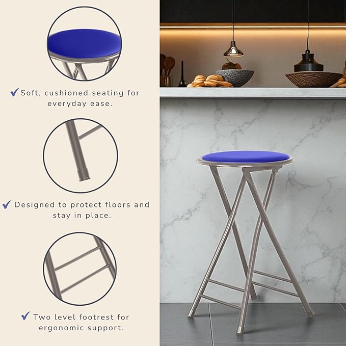 Lavish Home Folding Stool - Set of 4 Counter Height Bar Stools – 24-Inch Backless Folding Chairs with 225lb Capacity for Kitchen, Rec Room, or Game Room (Blue)