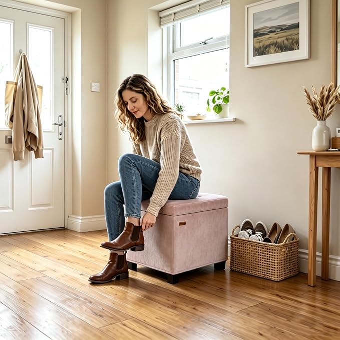 ABHENG 17.7 inches Velvet turfed Ottomans Cube with Legs, Metal-Framed Square Storage Ottoman Foot Rest Stool Holds 770 LB for Dorm Living Room Bedroom Pink UASND64P