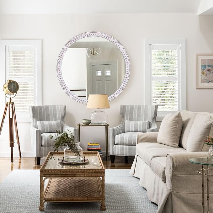 30 Inch Rustic Farmhouse Round Mirror for Wall Decor, Boho Wooden Decorative Circle Mirrors for Bathroom Over Sink, Entryway, Living Room& Bedroom