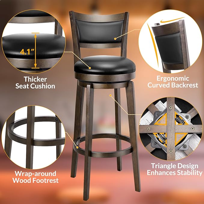 PrimeZone Swivel Bar Stools Set of 2, 34 Inch Extra Tall Bar Height Barstools, Black Faux Leather Bar Stool with High Backrest, Solid Wood Leg, Wrap-Around Footrest, Counter Stools for Pub