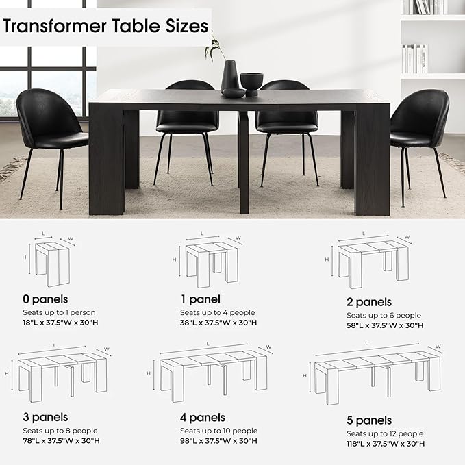 Transformer Table - Solid Wood Extendable Dining Table, Seats 2-12, Expandable Dining Room Table, Space-Saving Furniture, Kitchen and Dining Room Furniture (Black, Table + 4 Chairs)