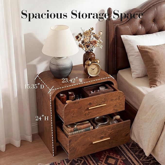 Night Stand [Unique Curved Profile] [FSC-Certified Wooden Board] 2-Drawer Nightstand 24" H Metal Handle Modern Sturdy Bedside Table Side Table End Table