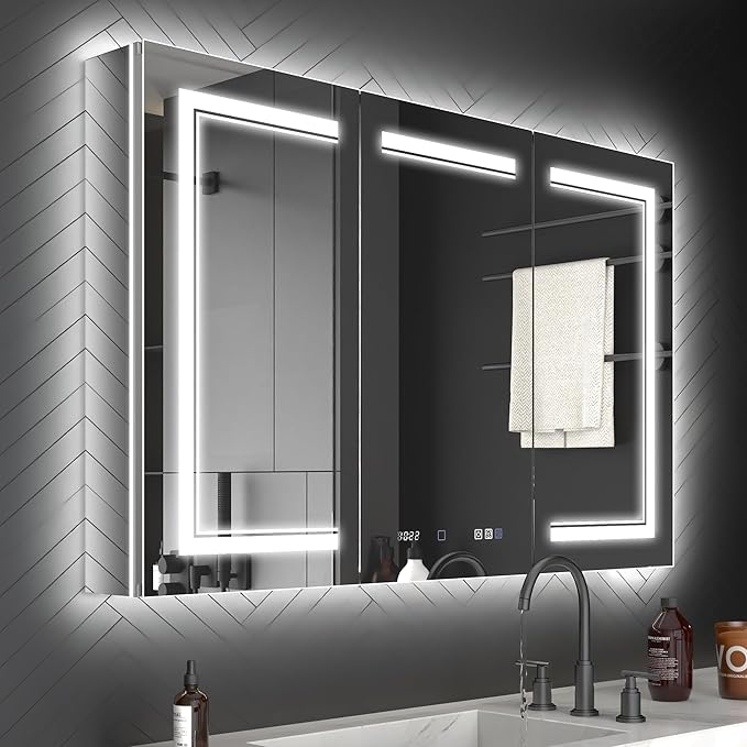 ExBrite 48 x 32 LED Lighted Medicine Cabinet with Mirror, Front & Backlit, Night Light, Clock & Temperature Display, Defog, 5X Magnifier, 3-Color Dimmable LED, Surface or Recessed Mount