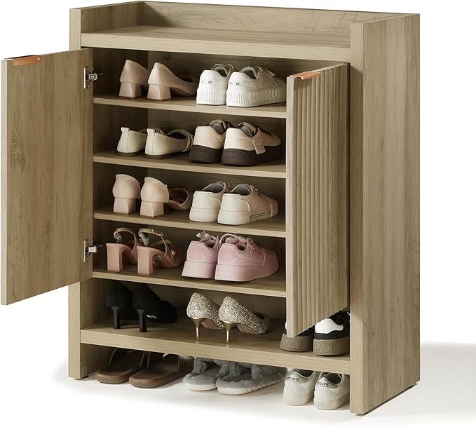 OAKHAM HOME Fluted Shoe Cabinet, 41" Tall 2-Door Entryway Storage Organizer with 3 Tier Adjustable Shelves, Modern Wood Shoe Rack for Hallway Mudroom Entrance Front Door (Sunwashed Ash Oak)