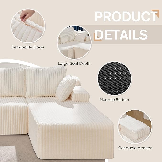Hobestluk Modular Sectional Sofa Boneless Couch L-Shape Couch 3 Seat Modular Couch Memory Foam Sectional Couches for Living Room Furniture, Cloud Couch with Oversized Chaise (108" Right Facing Chaise)