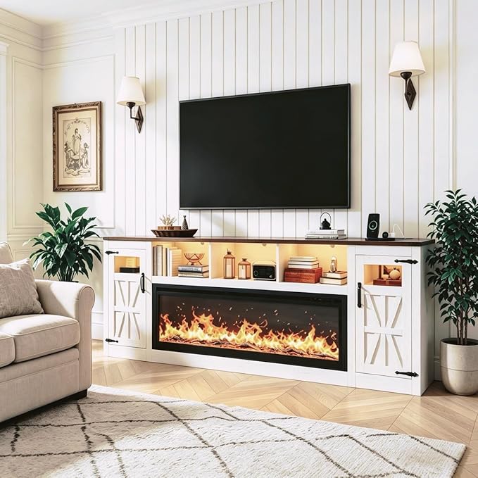 Fireplace TV Stand for 100 Inch TV, 95" Farmhouse Entertainment Center with 60" Electric Fireplace & LED Lights, Large Media Console for Living Room, Rustic Barn Doors, Power Outlets, Antique White