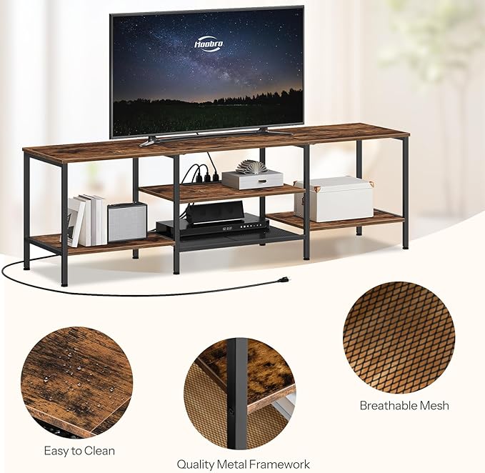 HOOBRO TV Stand with Power Outlets to 75 Inches, TV Console Table with Open Storage Shelves Cabinet, Industrial Media Entertainment Center for Living Room Bedroom, Rustic Brown and Black BF60DS01
