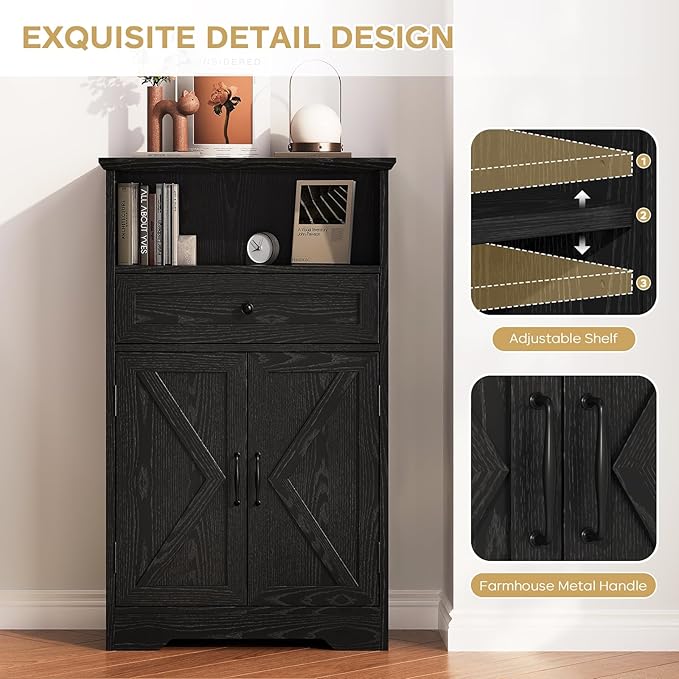 Floor Cabinet, Farmhouse Storage Cabinet with Barn Doors and Drawer, Freestanding Adjustable Shelf Organizer for Bathroom, Kitchen, Living Room Black