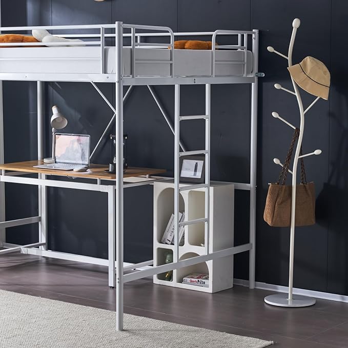 VINGLI Loft Bed Full Size with Flat Rungs for Adults, Kids and Young Teens, No Box Spring Required,Heavy Duty Metal Slat Support,White