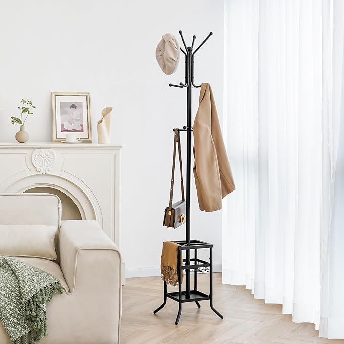 Yoobure Coat Rack Freestanding - Coat Tree with Umbrella Holder, Metal Coat Rack Stand with 12 Hooks, Modern Coat Hanger Stand for Entryway, Purse Rack Hat Rack Stand for Living Room Bedroom Office