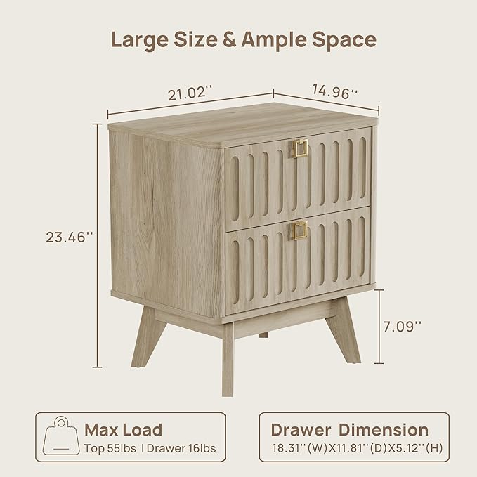 SICOTAS Nightstands Set of 2 with Drawers, 21" Wide Modern Bedside Tables for Bedroom, Stable Nightstands with Storage, Easy Assembly End Tables for Apartment