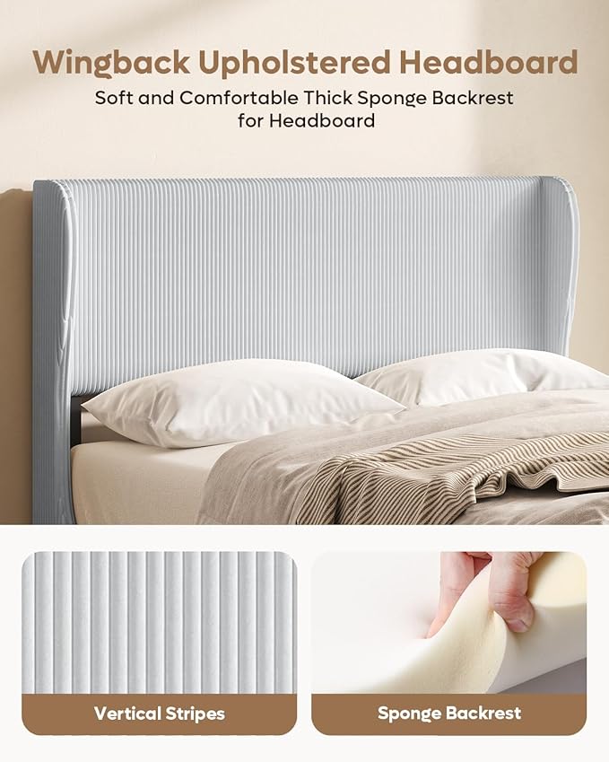 Bestier Full Bed Frame with Wingback Headboard,Upholstered Platform Full Size Bed with Strong Wooden Slats,No Box Spring Needed,Never Squeaks,Easy Assembly,Light Grey