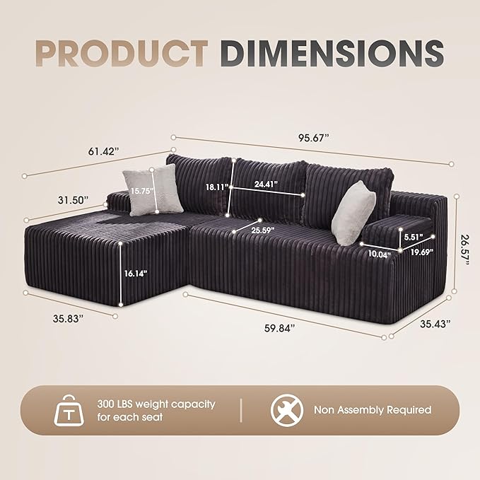 Hobestluk Modular Sectional Sofa Boneless Couch L-Shape Couch 3 Seat Modular Couch Memory Foam Sectional Couches for Living Room Furniture, Cloud Couch with Chaise Lounge (96" Left Facing Chaise)