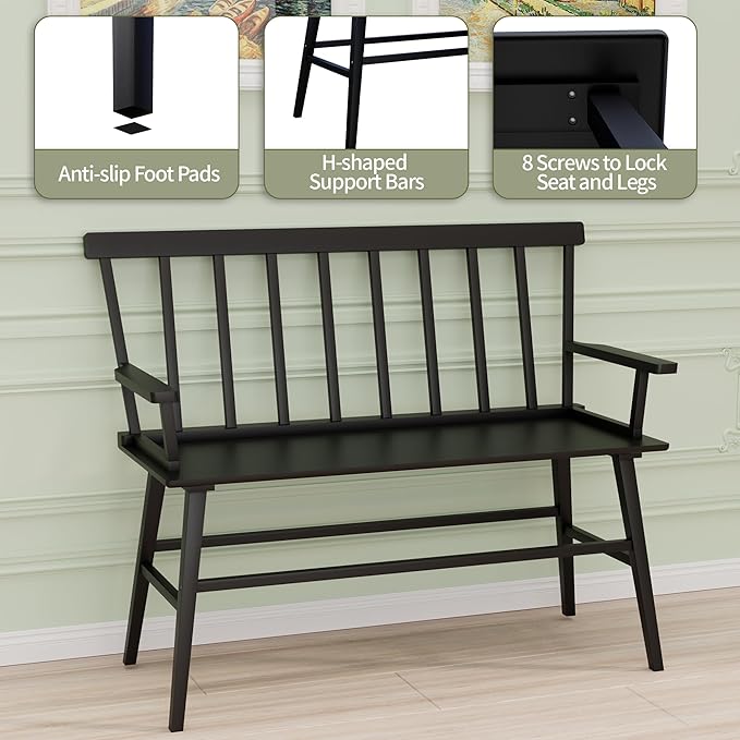 Bamboo Dining Bench, Entryway Bench with Spindle Back Farmhouse Wood Windsor for Foyer Balcony Living Room (Black)