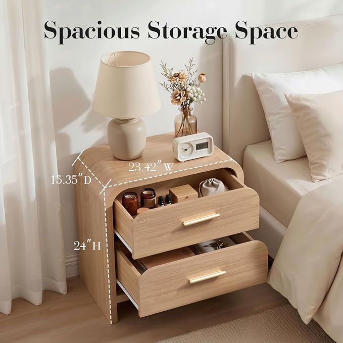 Night Stand Set of 2 [Unique Curved Profile] [FSC-Certified Wooden Board] 2-Drawer Nightstand 24" H Metal Handle Modern Sturdy Bedside Table