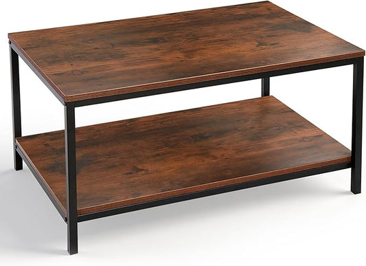 SUPER DEAL 2-Tier Industrial Coffee Table with Storage Shelf for Small Apartment Living Room, Rectangle Wood and Stable Metal TV Stand Side End Table, Rustic Brown