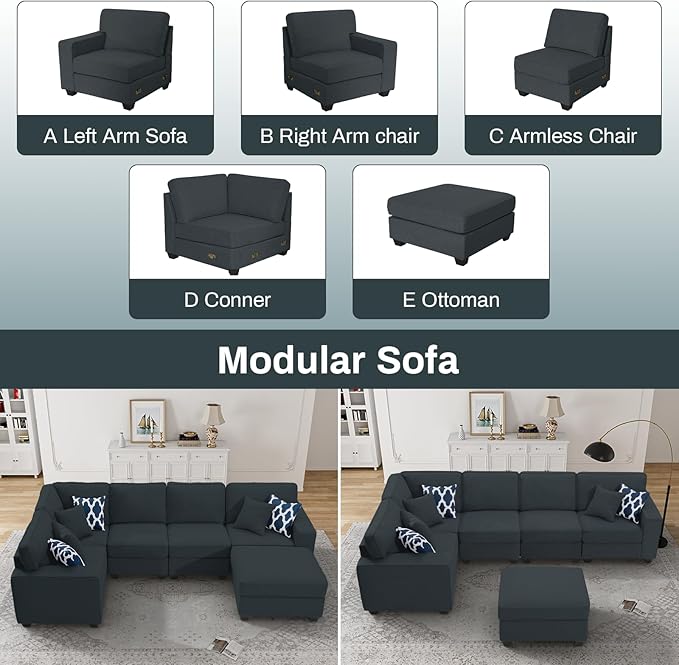Legend Vansen Oversized Modular Sectional Sofa,U/L‑Shaped Reversible Couch with Ottoman,Deep Seat Plush Polyester Sofa for Living Room,6‑Seater,Charcoal