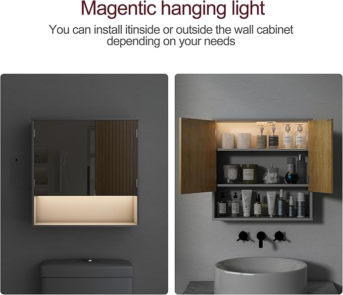 Bathroom Wall Cabinet With Mirror,wall mounted bathroom cabinet,Medicine Cabinet with 2 Door ,Side Hook,Light and Adjustable Shelves,White Cabinet with Wood Grain,Over The Toilet Space Saver Cabinet.