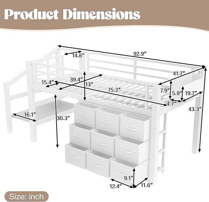 Bellemave Twin Size Loft Bed with 9 Non-Woven Fabric Storage Drawers, Low Loft Bed with Stairs and Lights, Twin Loft Beds with High Rails, Noise Reduced White