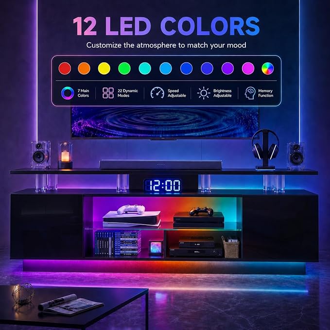 80” High-Glossy TV Stand with 2 Side Cabinets, Storage Entertainment Center, Modern Stylish TV Console with 3 Layer LED Lights&Power Outlets,Remote&APP Control for Living Room Use Black